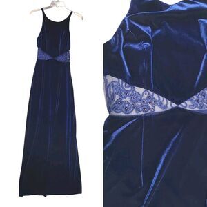 Bari Jay Dress Women's 9/10 Blue Velvelt Illusion Beaded Halter Holiday Maxi